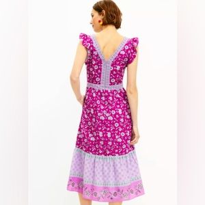 NWOT LOFT Pink/purple Floral V Neck Cap Sleeve Lined Long Dress w/ pockets